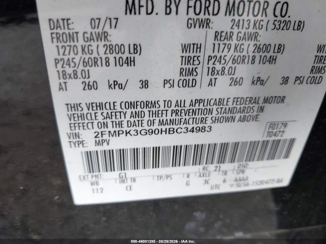Auction sale of the 2017 Ford Edge Se, vin: 2FMPK3G90HBC34983, lot number: 46001395