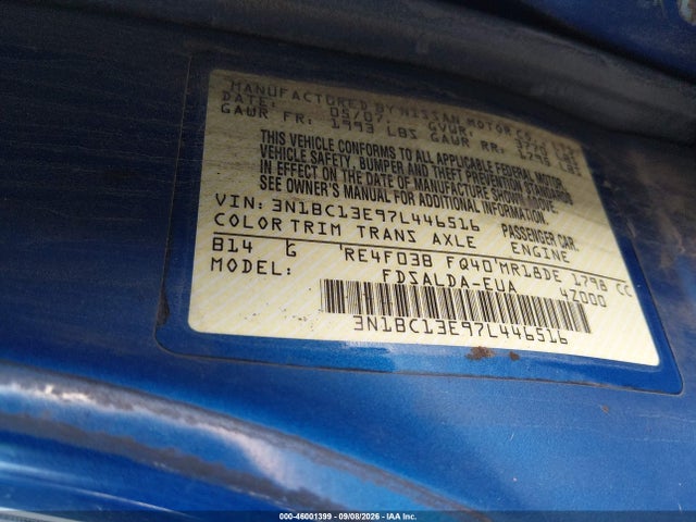2007 Nissan Versa 1.8s მანქანა იყიდება აუქციონზე, vin: 3N1BC13E97L446516, აუქციონის ნომერი: 46001399