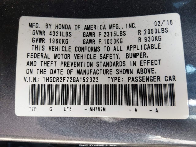 Продаж на аукціоні авто 2016 Honda Accord Ex, vin: 1HGCR2F72GA152323, номер лоту: 46001404