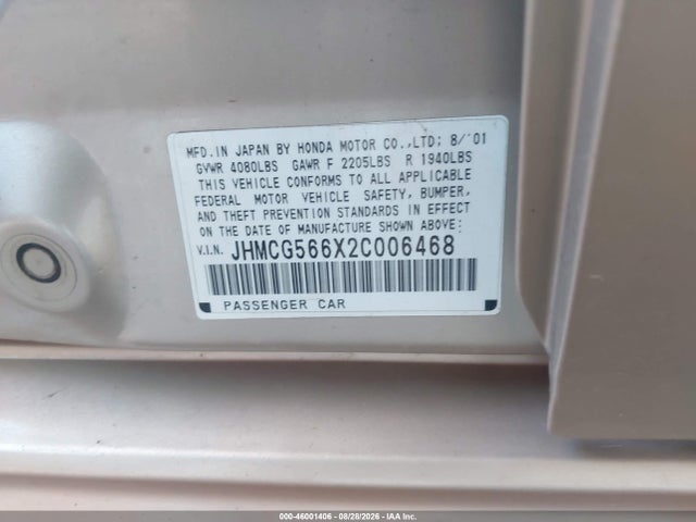46001406 :رقم المزاد ، JHMCG566X2C006468 vin ، 2002 Honda Accord 2.3 Ex مزاد بيع