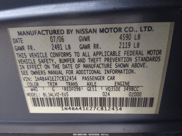 Aukcja sprzedaży 2007 Nissan Maxima 3.5 Se, vin: 1N4BA41E27C812454, numer aukcji: 46001408