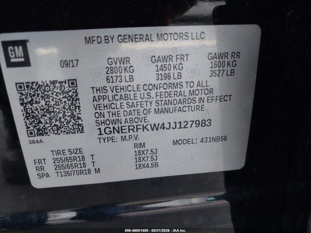 46001409 :رقم المزاد ، 1GNERFKW4JJ127983 vin ، 2018 Chevrolet Traverse Ls مزاد بيع