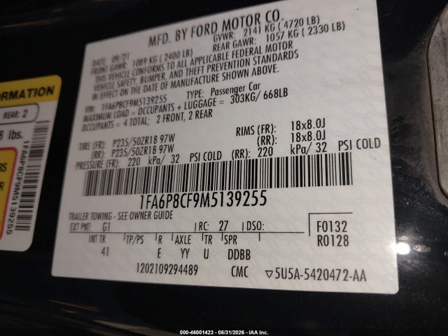 Продаж на аукціоні авто 2021 Ford Mustang Gt Premium Fastback, vin: 1FA6P8CF9M5139255, номер лоту: 46001423