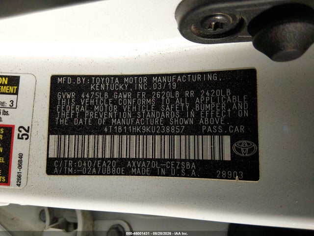 Продажа на аукционе авто 2019 Toyota Camry Se, vin: 4T1B11HK9KU238857, номер лота: 46001431