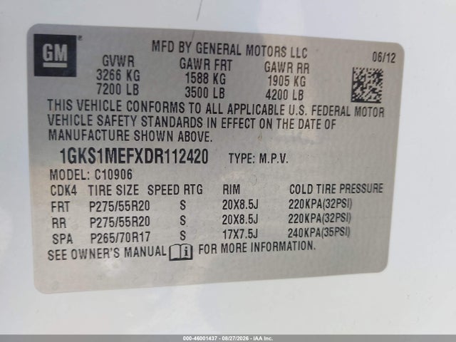 46001437 :رقم المزاد ، 1GKS1MEFXDR112420 vin ، 2013 Gmc Yukon Xl 1500 Denali مزاد بيع