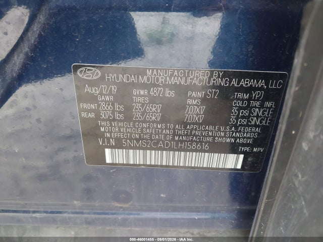 46001455 :رقم المزاد ، 5NMS2CAD1LH158616 vin ، 2020 Hyundai Santa Fe Se مزاد بيع