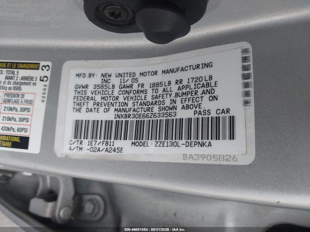 Продажа на аукционе авто 2006 Toyota Corolla Le, vin: 1NXBR30E66Z633563, номер лота: 46001454