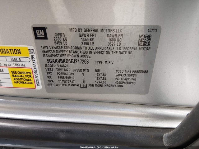 2014 Buick Enclave Leather მანქანა იყიდება აუქციონზე, vin: 5GAKVBKD6EJ217268, აუქციონის ნომერი: 46001462