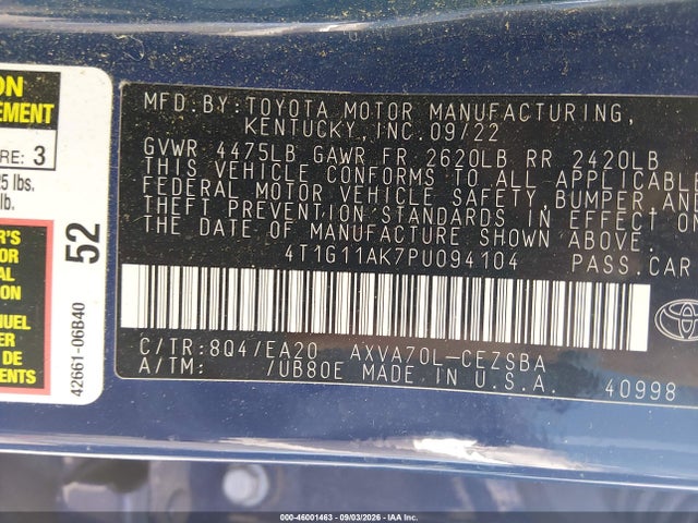 Продаж на аукціоні авто 2023 Toyota Camry Se, vin: 4T1G11AK7PU094104, номер лоту: 46001463