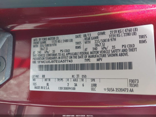 46001466 :رقم المزاد ، 1FMCU0J97EUA57743 vin ، 2014 Ford Escape Titanium مزاد بيع