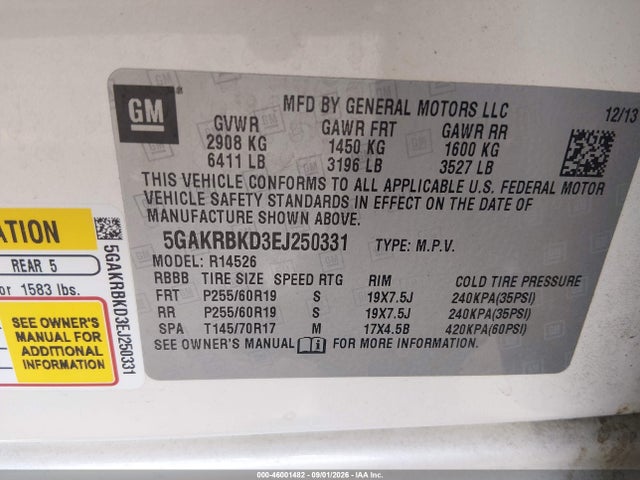46001482 :رقم المزاد ، 5GAKRBKD3EJ250331 vin ، 2014 Buick Enclave Leather مزاد بيع