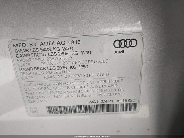 Aukcja sprzedaży 2016 Audi Q5 2.0t Premium, vin: WA1L2AFP1GA118820, numer aukcji: 46001484