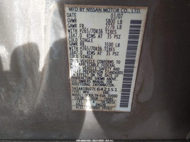 46001494 :رقم المزاد ، 5N1AR18U27C642151 vin ، 2007 Nissan Pathfinder Se مزاد بيع