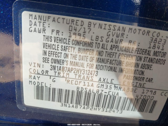 Aukcja sprzedaży 2017 Nissan Sentra S, vin: 3N1AB7AP2HY312473, numer aukcji: 46001499