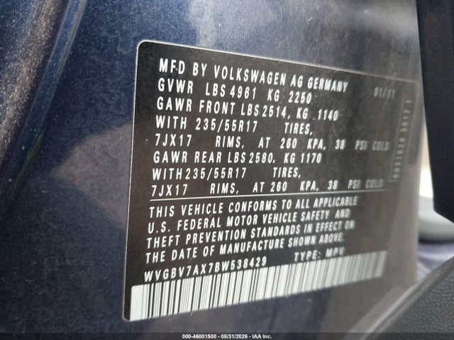 46001500 :رقم المزاد ، WVGBV7AX7BW538429 vin ، 2011 Volkswagen Tiguan Se مزاد بيع