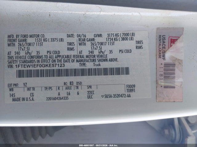 Aukcja sprzedaży 2016 Ford F-150 Xl, vin: 1FTEW1EF0GKE57123, numer aukcji: 46001507
