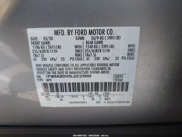 46001522 :رقم المزاد ، 1FMSK8DH5LGC25880 vin ، 2020 Ford Explorer Xlt مزاد بيع
