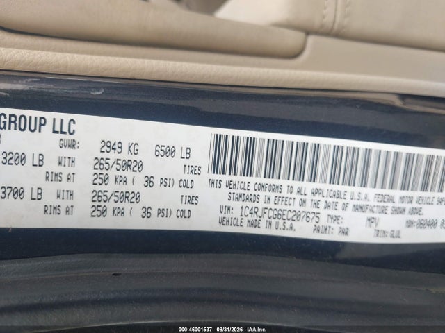 Продажа на аукционе авто 2014 Jeep Grand Cherokee Overland, vin: 1C4RJFCG6EC207675, номер лота: 46001537