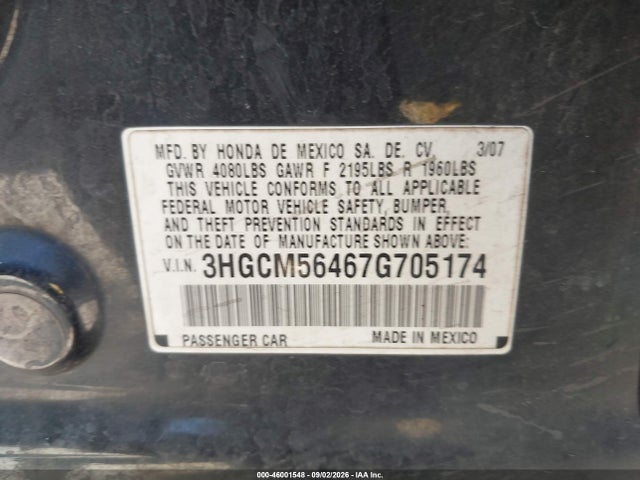Aukcja sprzedaży 2007 Honda Accord 2.4 Lx, vin: 3HGCM56467G705174, numer aukcji: 46001548