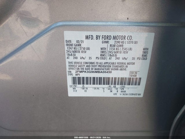 Aukcja sprzedaży 2021 Ford Edge Se, vin: 2FMPK3G96MBA06450, numer aukcji: 46001558