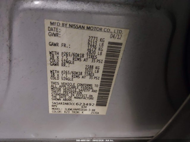 Продажа на аукционе авто 2012 Nissan Pathfinder Le, vin: 5N1AR1NB3CC623492, номер лота: 46001561
