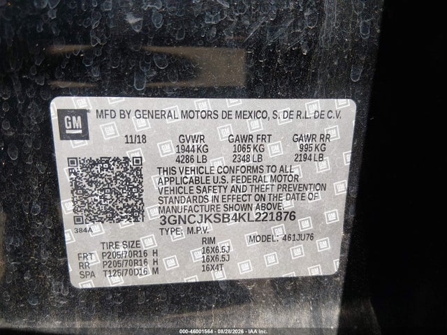Aukcja sprzedaży 2019 Chevrolet Trax Ls, vin: 3GNCJKSB4KL221876, numer aukcji: 46001564