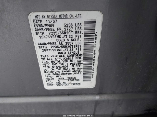 Продаж на аукціоні авто 2009 Nissan Murano Le, vin: JN8AZ18W49W105082, номер лоту: 46001572