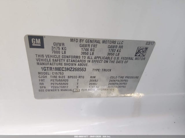 46001577 :رقم المزاد ، 1GTR1MEC3HZ268563 vin ، 2017 Gmc Sierra 1500 Sle مزاد بيع
