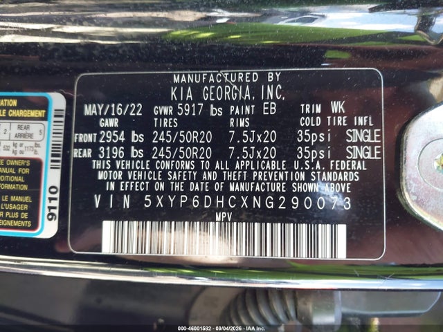 Aukcja sprzedaży 2022 Kia Telluride S, vin: 5XYP6DHCXNG290073, numer aukcji: 46001582