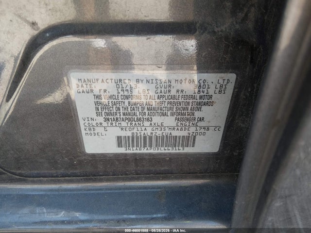 Продажа на аукционе авто 2013 Nissan Sentra Sr, vin: 3N1AB7AP0DL663163, номер лота: 46001588