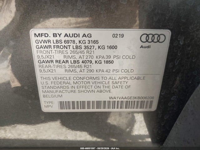 Aukcja sprzedaży 2019 Audi E-tron Premium Plus, vin: WA1VAAGE3KB006208, numer aukcji: 46001597