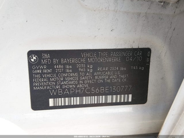 Aukcja sprzedaży 2011 Bmw 328i, vin: WBAPH7C56BE130777, numer aukcji: 46001618