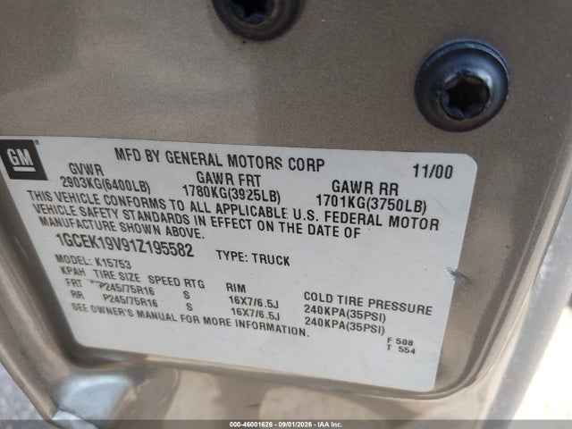2001 Chevrolet Silverado 1500 Ls მანქანა იყიდება აუქციონზე, vin: 1GCEK19V91Z195582, აუქციონის ნომერი: 46001626