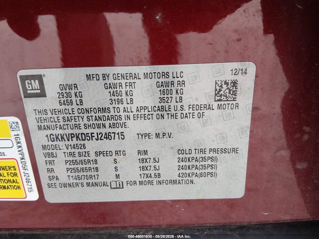 Aukcja sprzedaży 2015 Gmc Acadia Sle-2, vin: 1GKKVPKD5FJ246715, numer aukcji: 46001630
