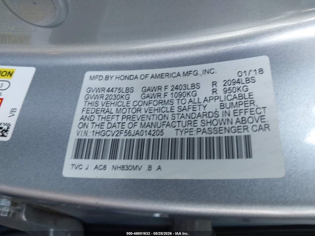 2018 Honda Accord Ex-l 2.0t მანქანა იყიდება აუქციონზე, vin: 1HGCV2F56JA014205, აუქციონის ნომერი: 46001632