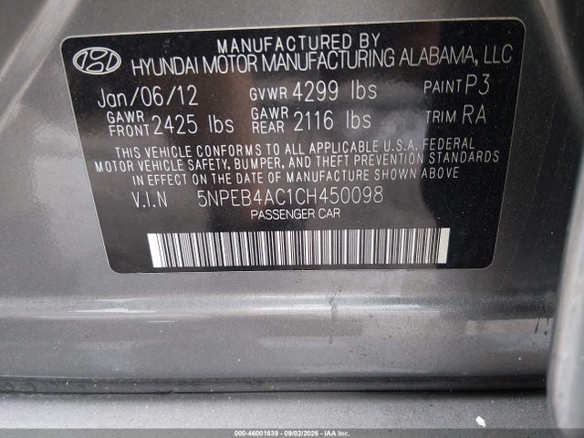 Продаж на аукціоні авто 2012 Hyundai Sonata Gls, vin: 5NPEB4AC1CH450098, номер лоту: 46001639