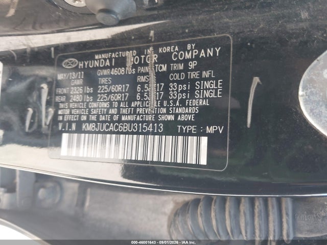 2011 Hyundai Tucson Gls მანქანა იყიდება აუქციონზე, vin: KM8JUCAC6BU315413, აუქციონის ნომერი: 46001643