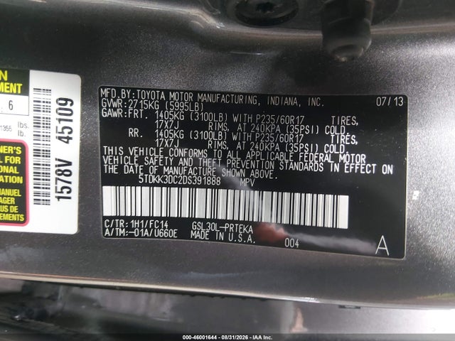 46001644 :رقم المزاد ، 5TDKK3DC2DS391888 vin ، 2013 Toyota Sienna Le V6 8 Passenger مزاد بيع