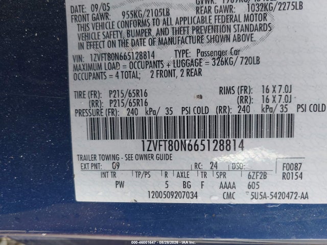 46001647 :رقم المزاد ، 1ZVFT80N665128814 vin ، 2006 Ford Mustang V6 مزاد بيع