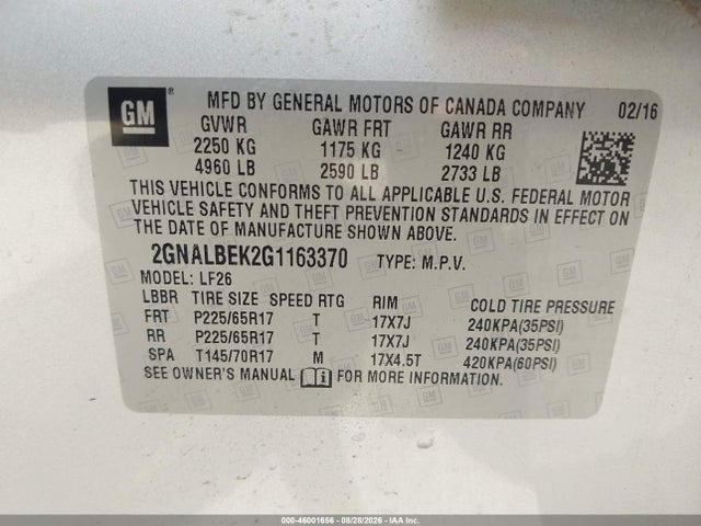 46001656 :رقم المزاد ، 2GNALBEK2G1163370 vin ، 2016 Chevrolet Equinox Ls مزاد بيع