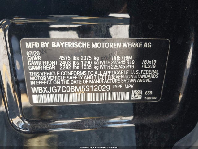 46001657 :رقم المزاد ، WBXJG7C08M5S12029 vin ، 2021 Bmw X1 Sdrive28i مزاد بيع