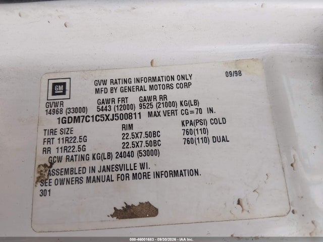 1999 Gmc T-series F7b042 მანქანა იყიდება აუქციონზე, vin: 1GDM7C1C5XJ500811, აუქციონის ნომერი: 46001683
