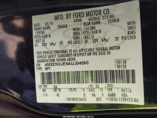 2010 Mercury Mountaineer Premier მანქანა იყიდება აუქციონზე, vin: 4M2EN3JE9AUJ04560, აუქციონის ნომერი: 46001686