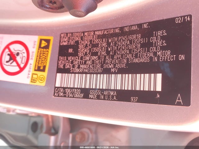 Toyota Highlander Le V6 2014 5TDBKRFH4ES020387 Image 9
