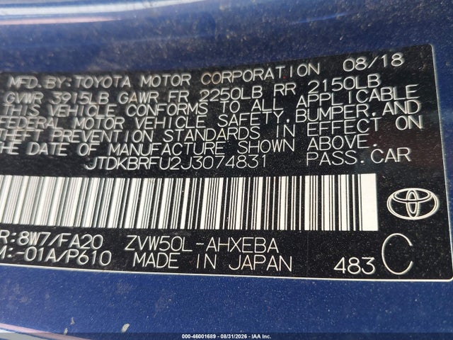 Aukcja sprzedaży 2018 Toyota Prius One, vin: JTDKBRFU2J3074831, numer aukcji: 46001689