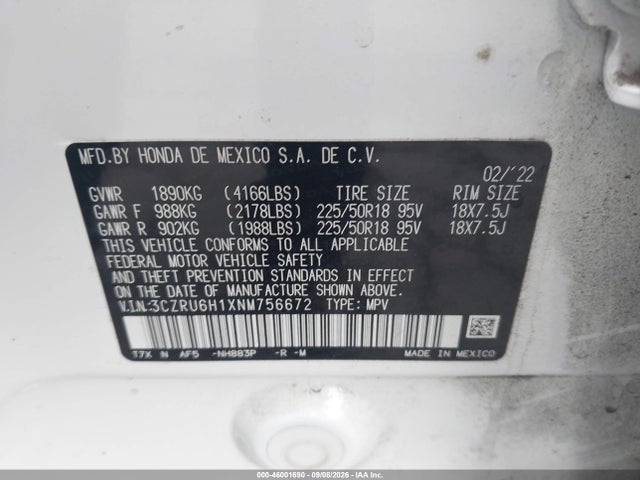 Aukcja sprzedaży 2022 Honda Hr-v Awd Sport, vin: 3CZRU6H1XNM756672, numer aukcji: 46001690