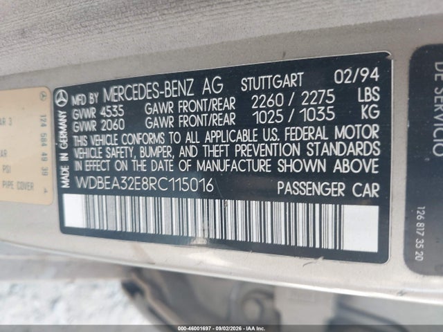 46001697 :رقم المزاد ، WDBEA32E8RC115016 vin ، 1994 Mercedes-benz E 320 مزاد بيع