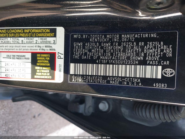 2012 Toyota Camry Se მანქანა იყიდება აუქციონზე, vin: 4T1BF1FK5CU123534, აუქციონის ნომერი: 46001703
