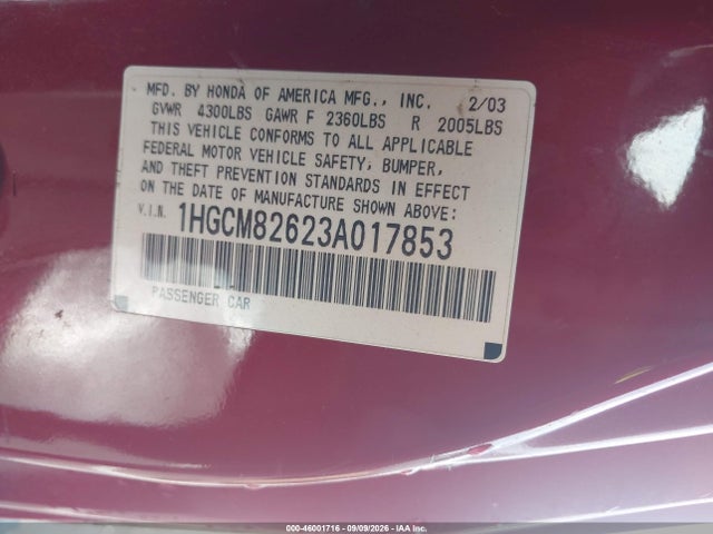 Продаж на аукціоні авто 2003 Honda Accord Cpe Ex, vin: 1HGCM82623A017853, номер лоту: 46001716