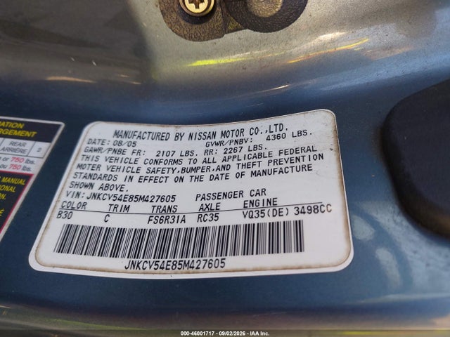 46001717 :رقم المزاد ، JNKCV54E85M427605 vin ، 2005 Infiniti G35 مزاد بيع